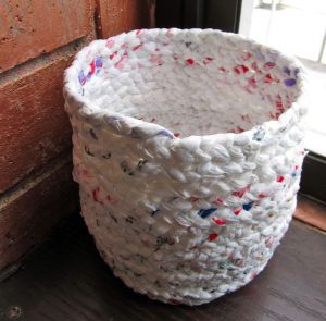 basket made from household waste plastic bags